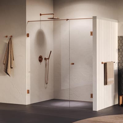 Brauer Void - Carving Nisdeur - 2-Delig - Helder Glas - 180 x 200 cm - Omkeerbaar - met Draaideur 70 cm - Aan Muur - incl. Glascoating - PVD Koper Geborsteld