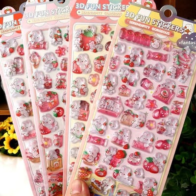 4 stuks Sticker Kawaii Aardbei Konijn 3D Reliëf Kristal Sticker Schattig Diy Mobiele Telefoon Decoratie Student Handaccount Kantoorbenodigdheden Cadeau gray
