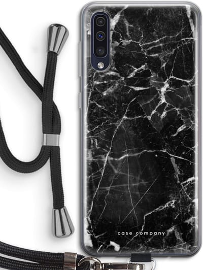 Case Company® - Hoesje met koord geschikt voor Samsung Galaxy A50 hoesje met Koord - Zwart Marmer - Telefoonhoesje met Zwart Koord - Bescherming aan alle Kanten en Over de Schermrand