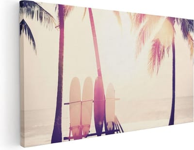 Artaza Canvas Schilderij Strand - 40x20 cm - Klein - Wanddecoratie Zee - Muurdecoratie Surfplanken - Schilderijen Op Canvas Palmbomen