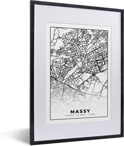 Fotolijst incl. Poster Zwart Wit- Kaart - Stadskaart - Massy - Frankrijk - Plattegrond - Zwart wit - 30x40 cm - Posterlijst