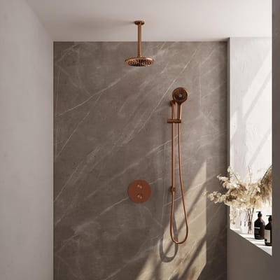 Brauer Copper Edition thermostatische inbouw regendouche 3-weg rond SET 95 met 20 cm douchekop en plafondarm en 3-standen handdouche en doucheslang en geïntegreerde glijstang koper geborsteld PVD