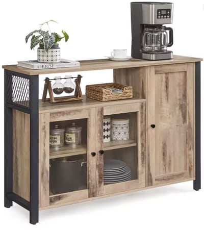 Keukenkast 110 cm – Industrieel Dressoir met Glazen Deuren – Opbergkast met Verstelbare Planken – Bruin/Zwart
