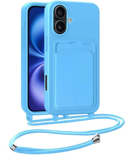 Hoesje Geschikt voor iPhone 16 Plus Hoesje Met Telefoonkoord en Pasjeshouder Siliconen - Hoes Geschikt voor iPhone 16 Plus Hoesje Met Kaarthouder Case - Lichtblauw