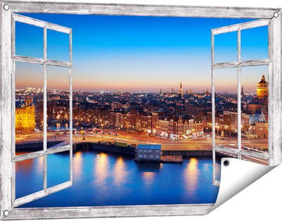Gards Tuinposter Doorkijk Amsterdam Centrum in de Nacht - 90x60 cm - Tuindoek - Tuindecoratie - Wanddecoratie buiten - Tuinschilderij