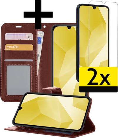 Hoesje - Met 2x Screenprotector - Geschikt voor Samsung Galaxy A16 - Luxe Pasjeshouder - Bookcase Portemonee - Flip Case - Kunstleer Book Case - Flipcase Hoes - Book Cover - Walletcase - Portemonneehoes - Telefoonhoesjes - Bruin