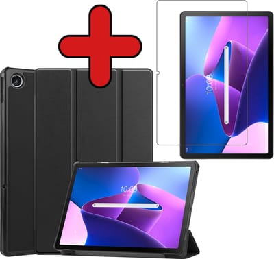Hoesje - Geschikt voor Lenovo Tab M10 Plus (3e / 3rd Generatie) - Met Screenprotector - Hardcover Book Case - Trifold Bookcase Hoes - Hard Cover - Tablethoes - Zwart