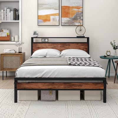 Bedframe met Opberghoofdeinde - Metalen Bedframe - Slaapkamer Inrichten - Industriële Stijl - 135 x 190 cm - Zwart en Bruin