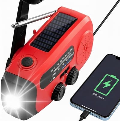 Noodradio met Zaklamp en Powerbank – Oplaadbare Survival Radio met AM/FM – USB, Zonnepaneel & Handslinger – Voor Kamperen, Noodsituaties en Outdoor