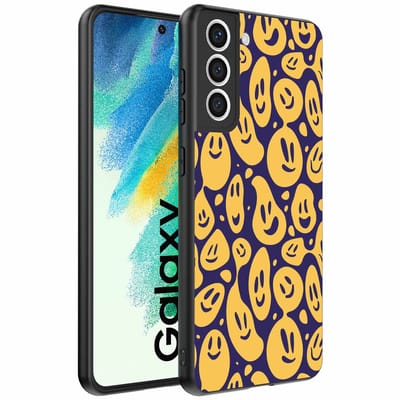 Geschikt voor Samsung Galaxy S21 FE Telefoonhoesje met smiley opdruk - TPU backcover case emoji design - Paars Geel - Smartphonica geschikt voor Samsung Galaxy S21 FE