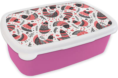 Broodtrommel Roze - Lunchbox - Brooddoos - Vogel - Kip - Patroon - 18x12x6 cm - Kinderen - Meisje