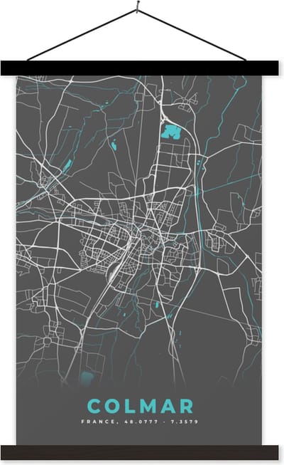 Posterhanger incl. Poster 40x60 cm - Schoolplaat - Frankrijk – Plattegrond – Kaart – Colmar – Stadskaart - Textielposter - Zwarte latten - Stadskaart