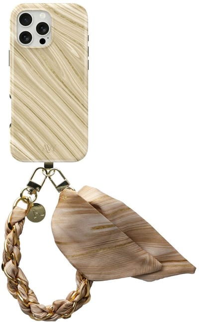 AVY Hoesje Met Telefoonkoord | Geschikt voor Apple iPhone 16 Pro | Compatibel met MagSafe | Hard Shell Back Cover | Stijlvol Bijpassend Koord 32CM | Aurum Gold | Goud