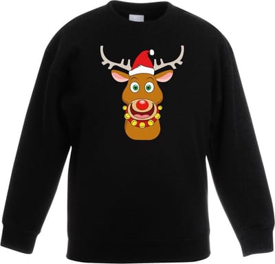 Zwarte kersttrui blije rendier Rudolf met rode kerstmuts voor jongens en meisjes - Kerstruien kind 98/104