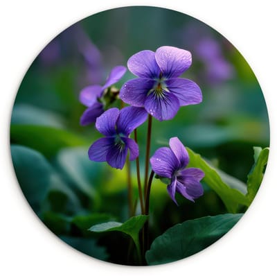 WallCircle® Wandcirkel 120x120 cm - Muurcirkel Viooltjes - Paars - Bloem - Bladeren - Muurdecoratie woonkamer - Wanddecoratie slaapkamer - Kamer decoratie accessoires - Ronde schilderijen XXL