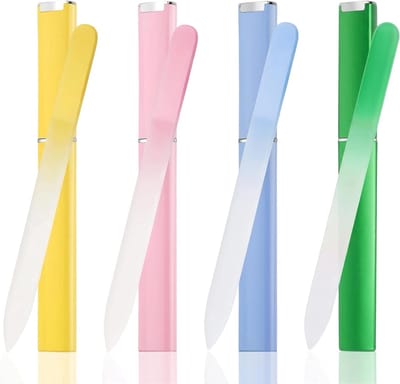 Professionele set van 4 kristalglas nagelvijlen, dubbelzijdig met etui, ideaal voor manicure en natuurlijke nagels in pastelkleuren, 14 cm lang