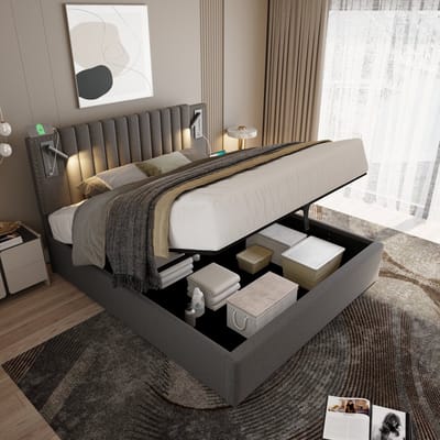 REDOM Bedframe 160x200 cm – Katoen-linnen grijs – Met leeslamp, 2x USB, 2x Type-C & gaslift-opbergruimte