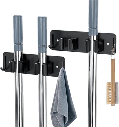 Famanu - Bezemhouder roestvrij staal set van 2 met extra haken voor keuken, balkon en tuin