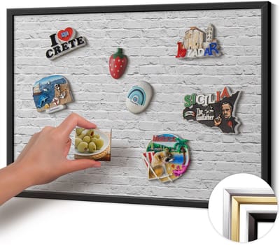 Wallfluent - Grijs Magneetbord met Ontwerpen - 60 cm x 40 cm - Magneetbord met Zwarte Frame - Bakstenen muur lichte muur - Magnetisch Bord Muurbevestiging - Magnetisch Wandbord - Memobord voor Keuken