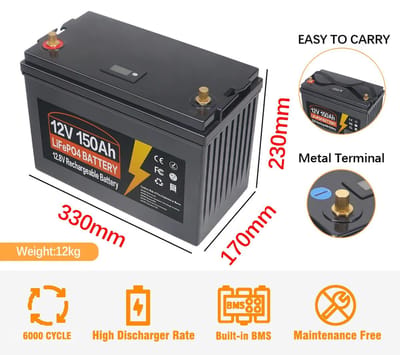 Accu - Draagbare Krachtcentrale - IJzerfosfaat Accu - Onderhoudsvrije Accu - 12V 150AH 120AH LiFePo4 Accu met Ingebouwde BMS - Lithium IJzerfosfaat Accu 6000 Cycli voor RV, Campers, Golfkar en Zonne-energie met Oplader