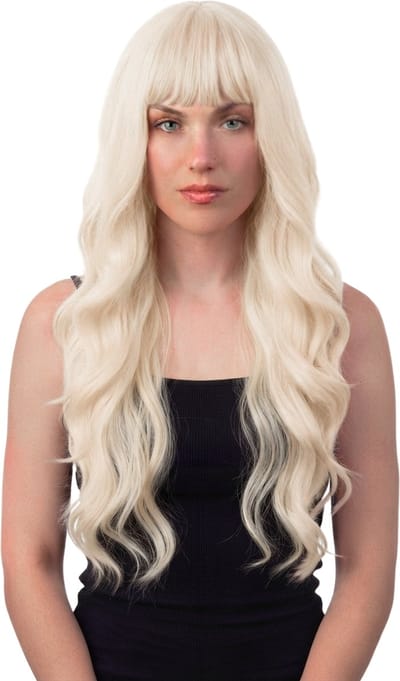 KIMU® Luxe Lange Blonde Pruik Wavy - Rechte Pony - Haarwerk Krullen Pony - Blond Geblondeerd Festival