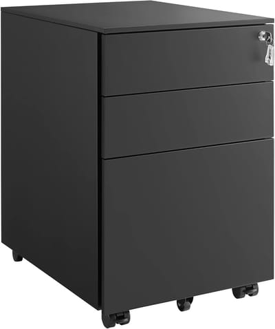 Conway Living® - Luxe Stalen Ladeblok Op Wielen - Met Slot - Verrijdbare Archiefkast Kantoor Kast - Mobiele Hangmap Bureau Kast - Afsluitbaar - 3 Laden - Zwart - 52x39x60 cm