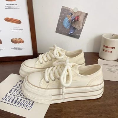 Dames Canvas Schoenen met Dikke Zool, Lente Nieuwe Ronde Neus Vetersneakers, Modieuze en Ademende Casual Boardschoenen 38 wit