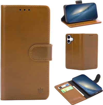 Casemania Echt Leren Hoesje Geschikt voor Apple iPhone 17 - Sienna Brown - Leer Book Cover - Portemonnee Telefoonhoesje met Pasjeshouder