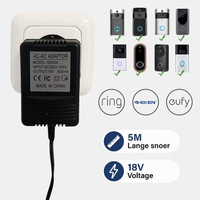 Adapter voor Ring, Eufy, Nest & EKEN Video Deurbel - 18V Voedingsadapter - 5 Meter - Universele Voeding voor Stopcontact - Nooit meer batterijen opladen
