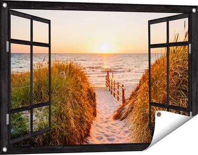Gards Tuinposter Doorkijk Voetpad in de Duinen met Zonsondergang - 90x60 cm - Tuindoek - Tuindecoratie - Wanddecoratie buiten - Tuinschilderij