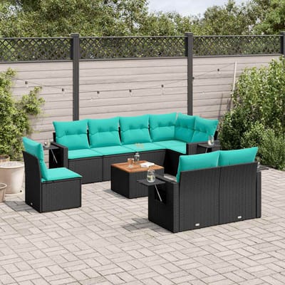 vidaXL - 9-delige - tuinbankset - met - kussens - van - zwart - polyrotan