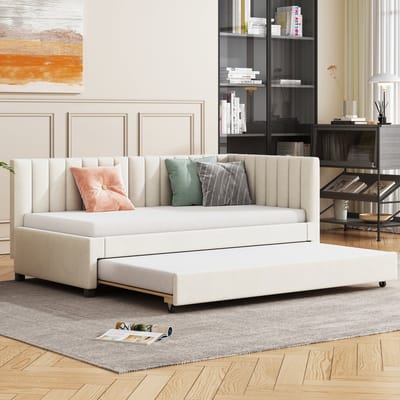 STILVORA Slaapbank 90x200 cm - Zetelbed Met Uitschuifbed En Lattenbodem - Compact Ontwerp - Fluweel - Beige