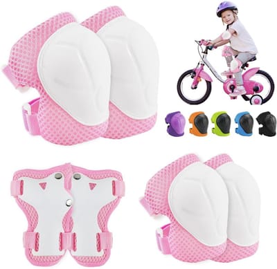 6-in-1 Beschermingsuitrusting voor Kinderen - Pols- en Elleboogbeschermers voor Skateboard, Inline Skates en Fiets in Roze-Wit