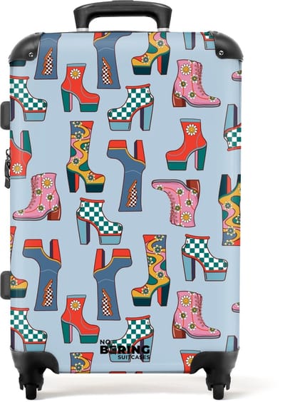NoBoringSuitcases.com - Grote koffer - Retro disco 70s laarzen patroon kleurrijk - Kinderkoffer geschikt voor jongen en meisjes - Reiskoffer met 4 wielen - Trolley op wieltjes - Rolkoffer groot kinderen - 72 liter - Ruimbagage valies 20kg