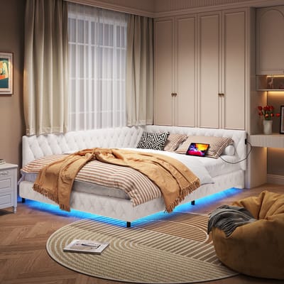 Teddy Fluwelen Sofa Bed 140×200 cm – Beige Tweepersoonsbed met LED Verlichting & USB – Comfortabel Multifunctioneel Slaapbank