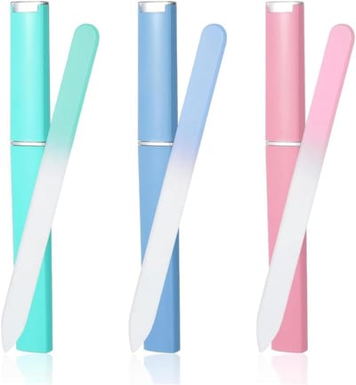 Thijox - 3 Professionele Glazen Nagelvijlen met Etui, Dubbelzijdig Kristaloppervlak, Nagelvijlen voor Vingernagels in Blauw, Roze en Groen, Perfect vo