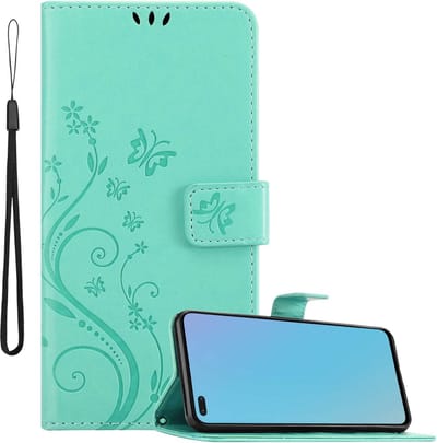 Cadorabo Hoesje geschikt voor OnePlus Nord in Turkoois - Beschermhoes in bloemmotief met magnetische sluiting, standfunctie en kaartsleuven Book Case Cover Etui
