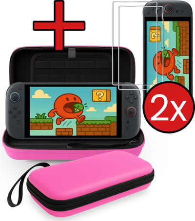 Hoes Geschikt voor Nintendo Switch 2 Case Hard Cover Bescherm Hoesje Koord Met 2x Screenprotector - Case Geschikt voor Nintendo Switch 2 Hoes - Roze