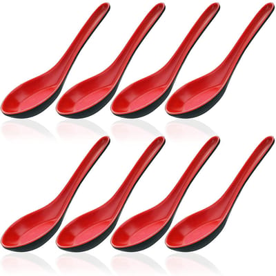 Dailygoods- Soeplepels 8 Stuks - Kunststof - Modern Design - Rood/Zwart - Hittebestendig tot 100 °C - Duurzaam en Vaatwasmachinebestendig - Lepel