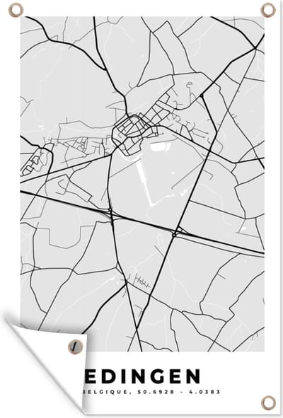 Muurdecoratie Kaart – Plattegrond – Stadskaart – Edingen – België – Zwart Wit - 120x180 cm - Tuinposter - Tuindoek