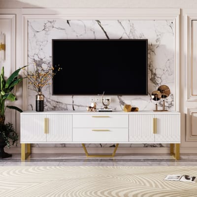 Hoogglans tv-kast 170×40×53 cm – Tv-meubel met gouden handgrepen en poten, deur met gegraveerde textuur, luxe en elegante opbergoplossing voor de woonkamer