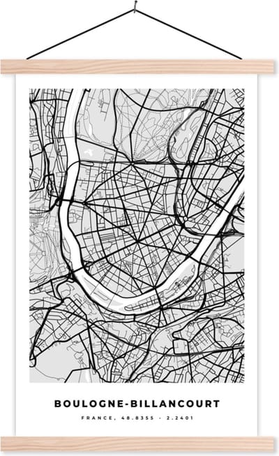 Posterhanger incl. Poster 40x60 cm - Schoolplaat - Plattegrond - Boulogne-Billancourt - Stadskaart - Kaart - Frankrijk - Textielposter - Blanke latten - Stadskaart