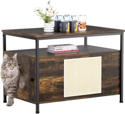 Houten Kattenbak Tavien - Verborgen Kattenbak Meubilair met Plank - Opbergkast voor Binnen - Huisdier Krat en Bijzettafel - Voor huisdieren - Bruin