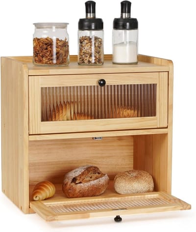 Houten Brooddoos voor Keuken - Dubbele Laag, Vintage Ontwerp, Ideaal voor Vers Brood en Opbergruimte 36.5x24x34cm