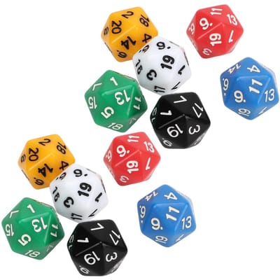 Lot de 12 dés en plastique à 20 faces, 6 couleurs, pour jeux de société et éducation