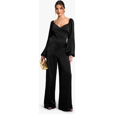 boohoo Dames Gestructureerde satijn wikkel jumpsuit | Black | Maat: 8
