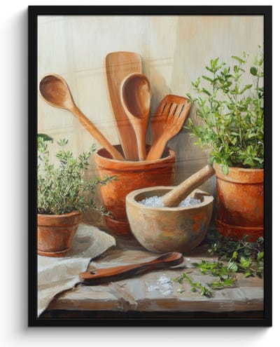 Poster in lijst - Fotolijst 50x70 cm - Posters - Potten - Kruiden - Hout - Posterlijst zwart - Decoratie - Wanddecoratie woonkamer - Muurdecoratie slaapkamer