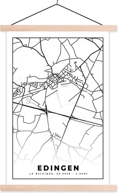 Posterhanger incl. Poster 40x60 cm - Schoolplaat - België – Edingen – Stadskaart – Kaart – Zwart Wit – Plattegrond - Textielposter - Blanke latten - Stadskaart