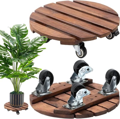 2 Stuks Plantenrollers Rond Hout met 360° Zwenkwielen voor Zware Bloempotten