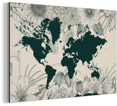 Aluminium schilderij 180x120 cm - Wanddecoratie metaal - Wereldkaart - Bloemen - Planten - Metalen muurdecoratie woonkamer - Decoratie industrieel - Foto op dibond - Industriële accessoires slaapkamer